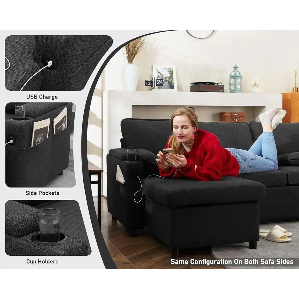 2-in-1 Sectional Sleeper Sofa with Storage, USB, Cup Holder, Pull-Out Couch in Gray