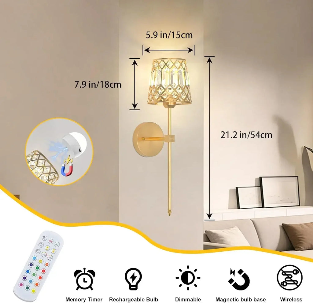 Gold Battery Operated Wall Sconces Set of 2, Crystal Rechargeable Wireless Wall Sconce Light Fixtures for Home Decor, Dimmable 1