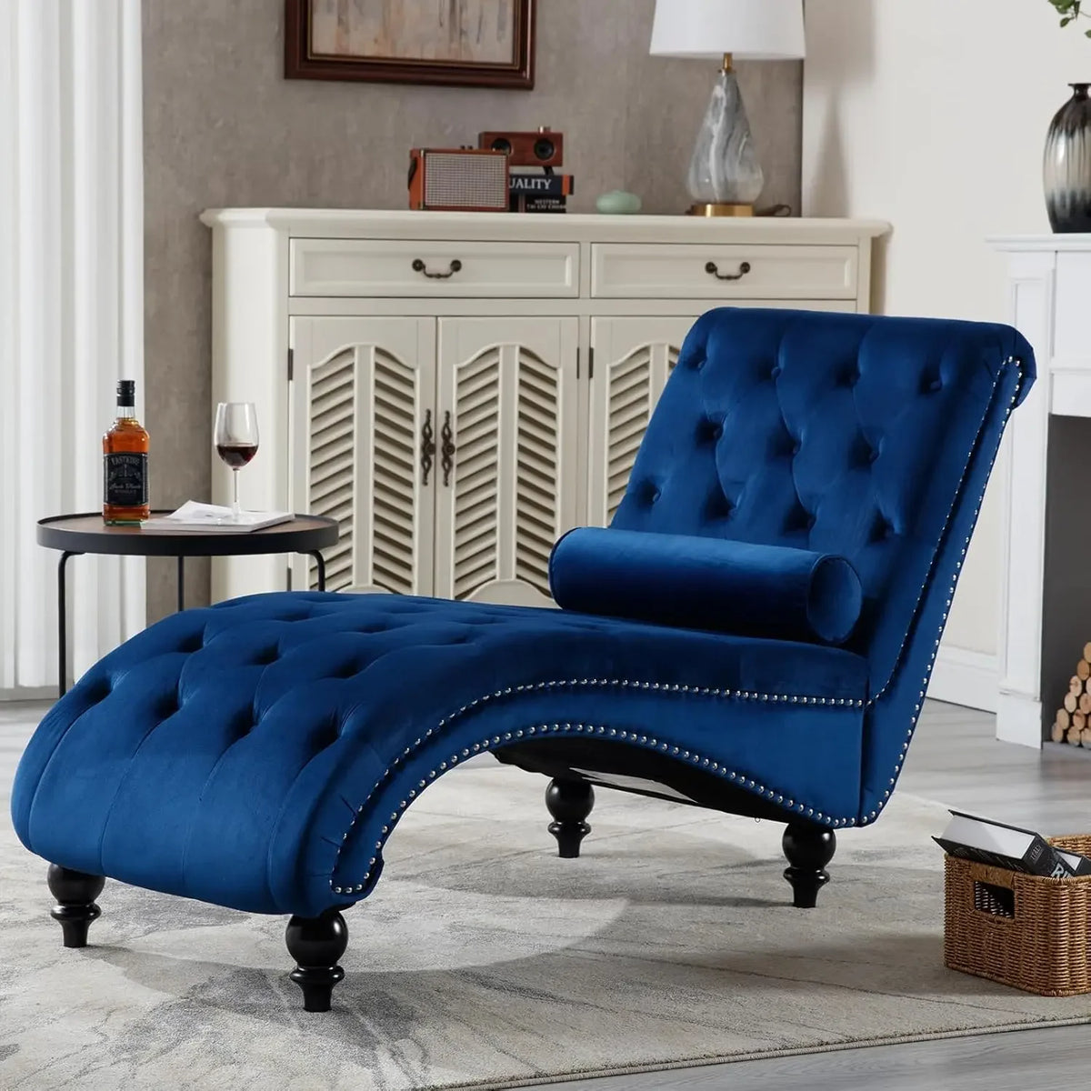Velvet Button-Tufted Chaise Lounge Chair Indoor Comfortable Seating with Pillow Upholstered Customizable for Bedroom Living Room