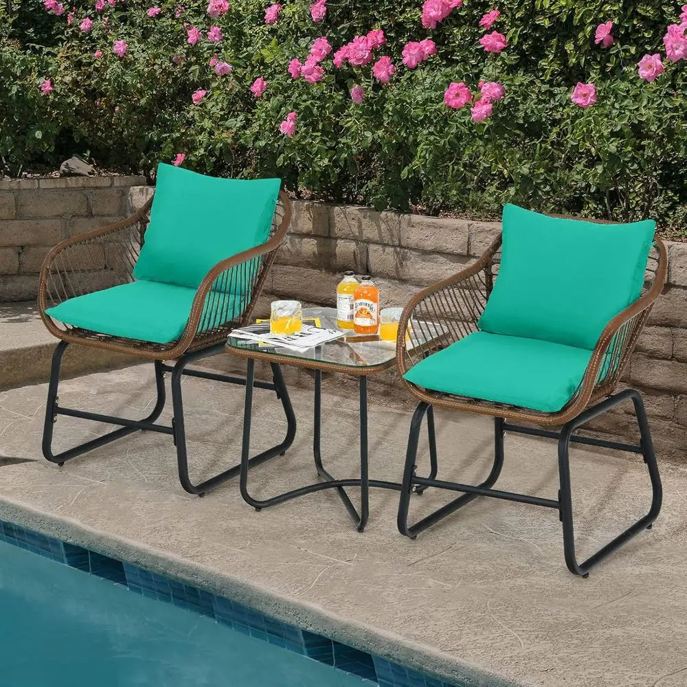 3-Piece Outdoor Cushioned Rattan Bistro Set with Glass Top Table in Turquoise