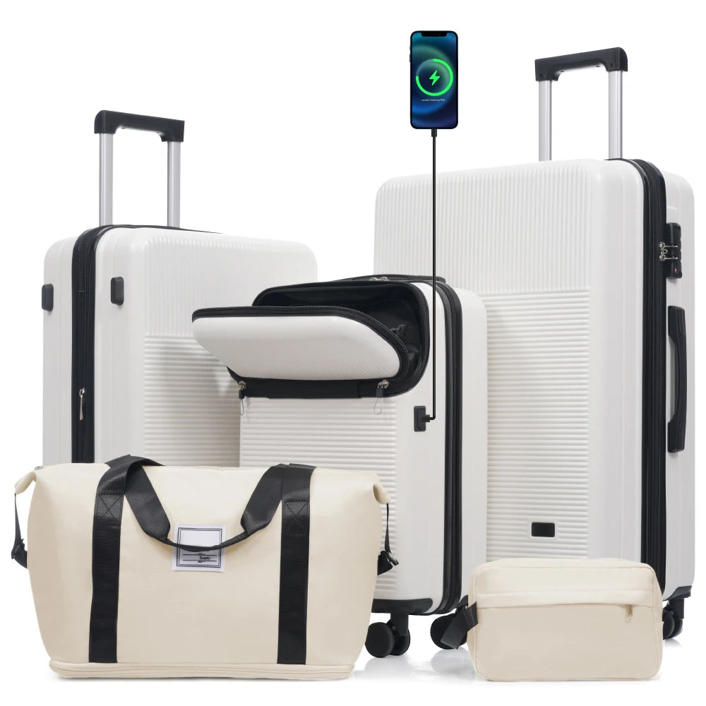 Lightweight 5PCS Hardside Luggage Set Half Opening Carry-on Suitcase Double Spinner Wheels USB TSA Lock Travel