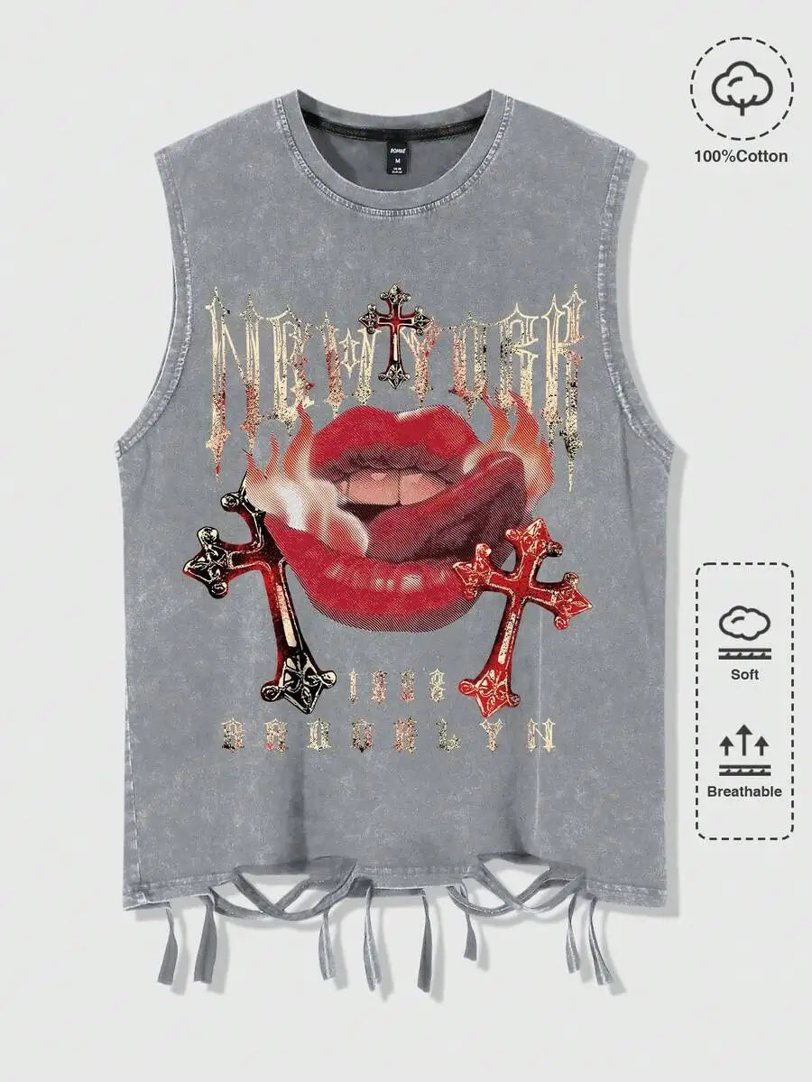 Men's Distressed Sleeveless Tee with Gothic Graphic Print, Soft Cotton, Summer Casual Wear