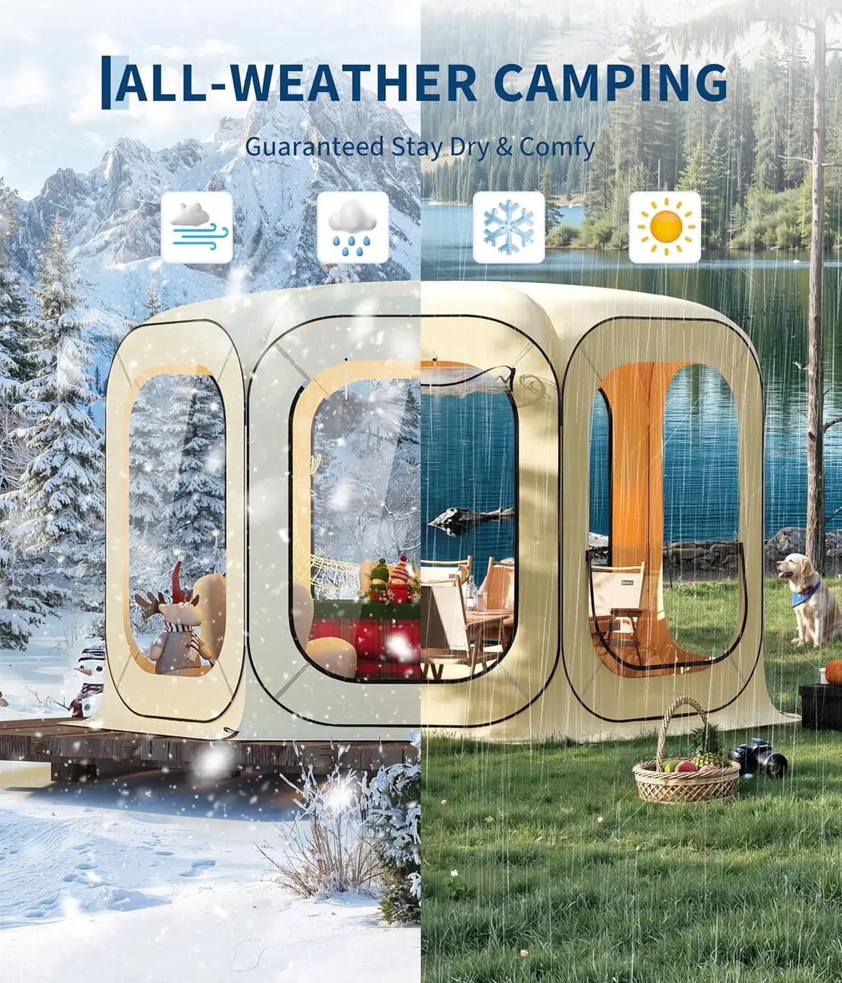 Outdoor All Weather Pop Up Tent Rainproof Camping Sun Shelter Coldproof & Windproof Instant Tent Shelter for Camping Patio Sport