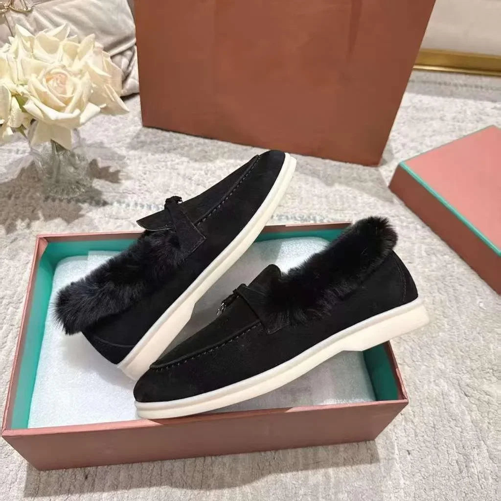 High-quality winter women's round-toed flat loafers made of genuine leather, stylish one-piece casual rubber slippers