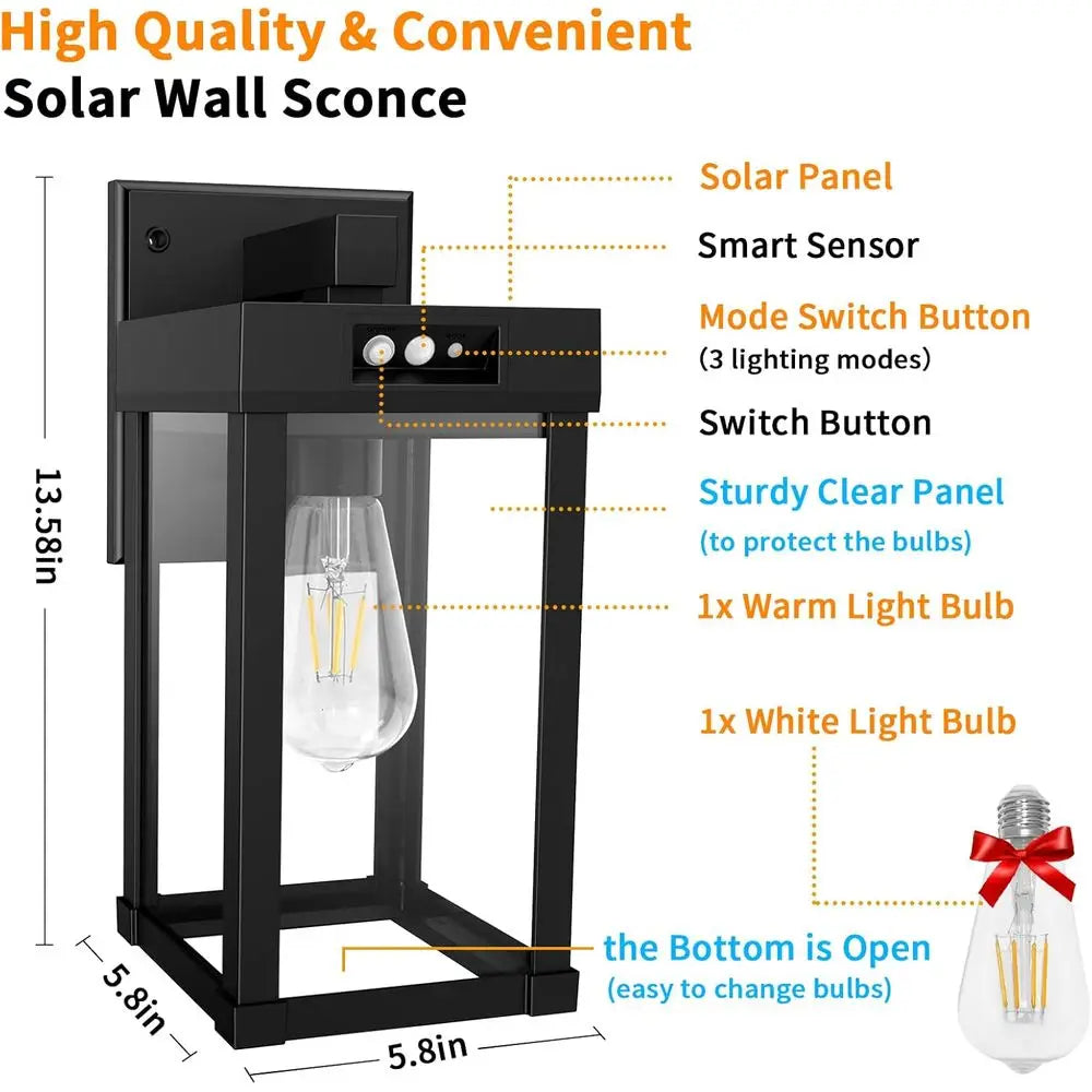 Outdoor Wall Lights with 3 Lighting Modes & Motion Sensor, Porch Light with 2 Bulbs, Waterproof Outdoor Wall Sconce Lantern Fixt