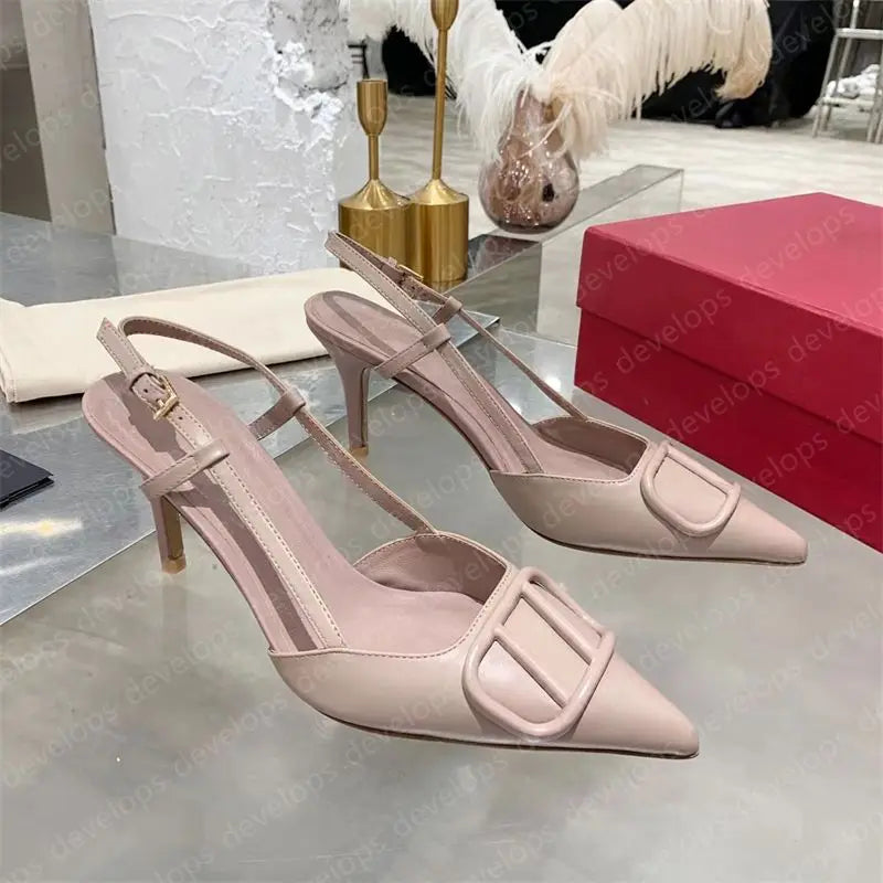 High heels designer sandals classics metal buckle pointed toe thin heel summer valentinolies luxurys brand genuine leather woman