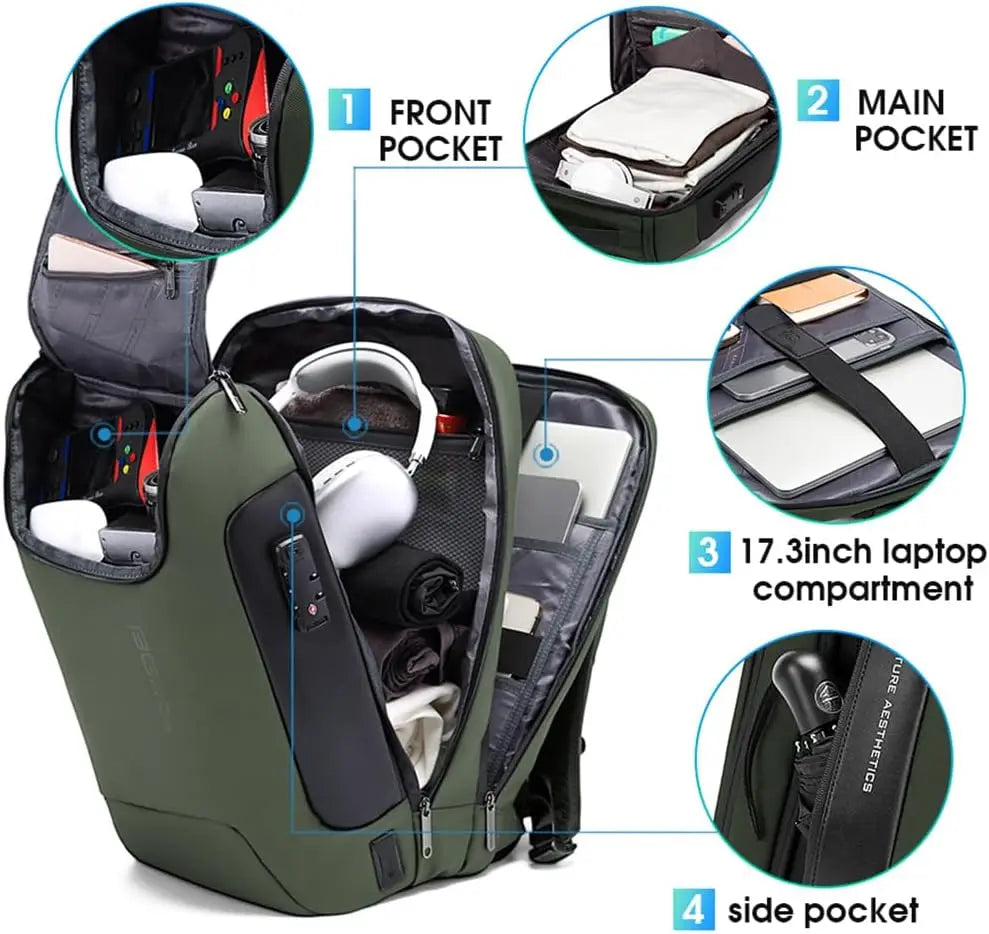 Anti-Theft Tech Backpack with USB3.0 Charging Port, 17 Inch Laptop Travel Bag for Men and Women