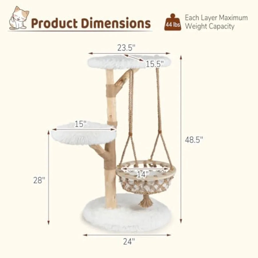 48.5 Inches Wood Cat Tree Multi-Level White Modern Cat Tree with Hanging Basket Solid Natural Peer Wood Post Wrapped with Jute