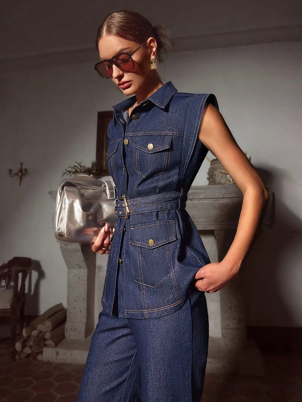 Women's Sleeveless Denim Top With Belted Wide Leg Pants Set Casual Loose Fit