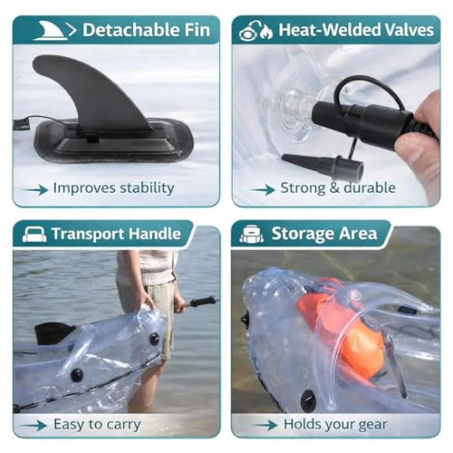 Clear Kayak Transparent 2-Seater Inflatable Tandem for Two Adults See-Through Style Complete Set with Adjustable Seats Pump Pad