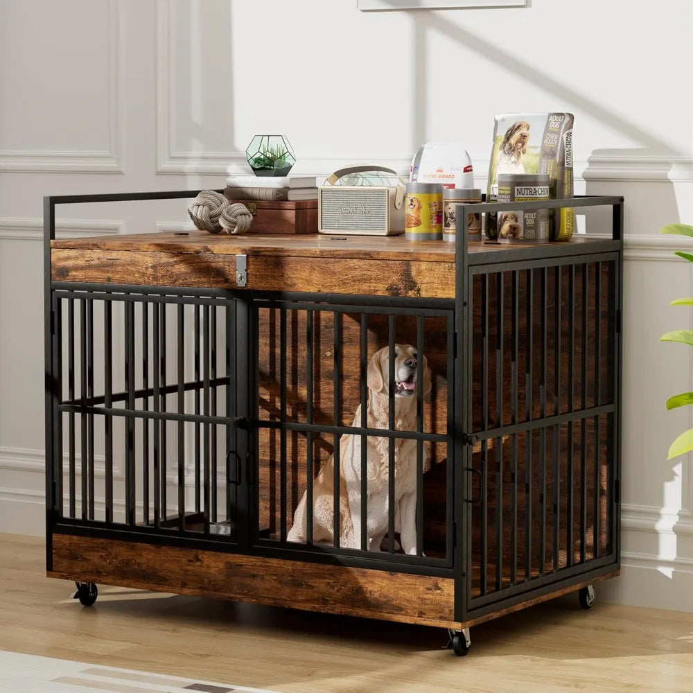 Extra Large Heavy Duty Dog Crate with Wooden Table and Stainless Steel Bowls for Large Dogs, XL Dog Kennel Furniture