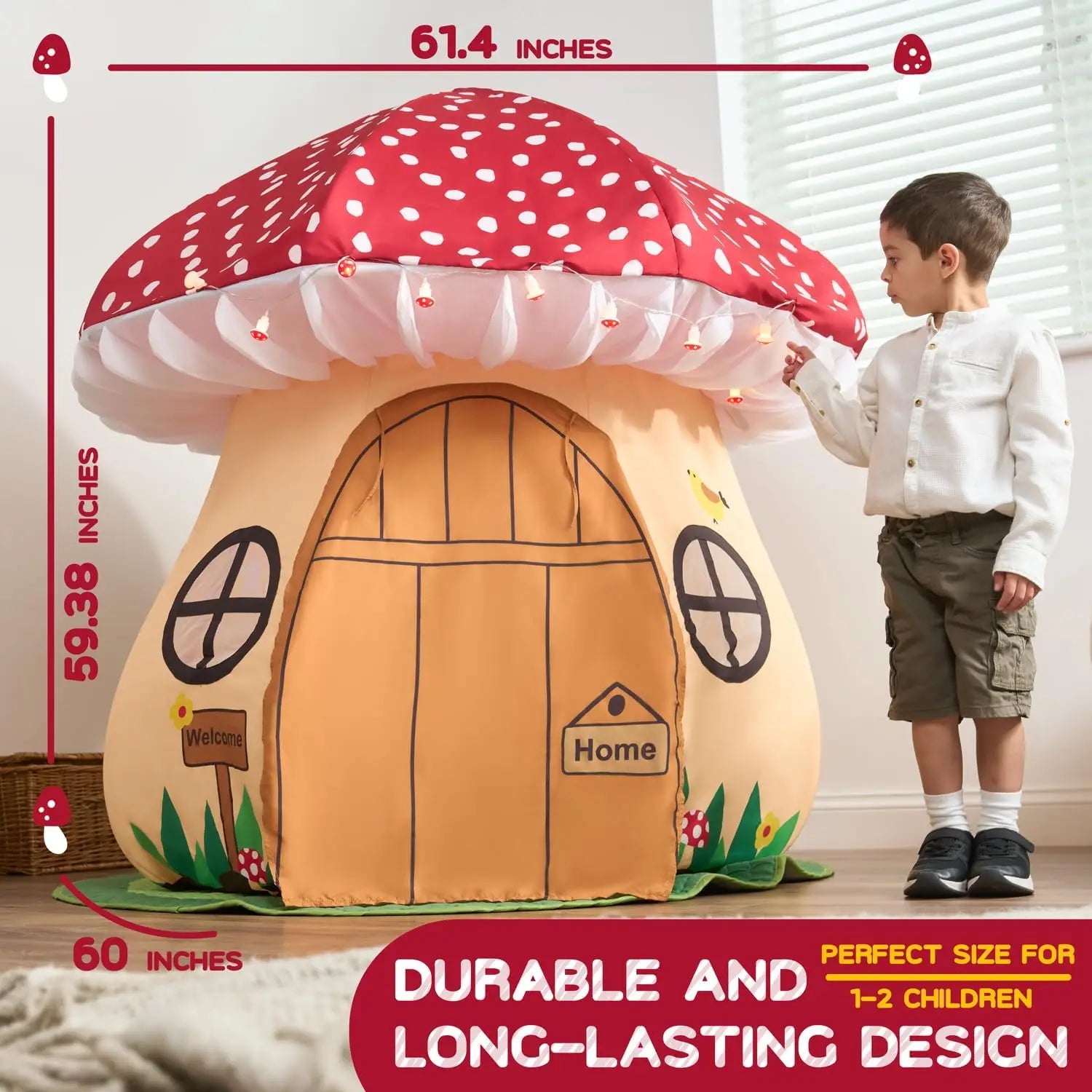 Enchanted Mushroom Play Tent for Kids 3+ - Indoor Adventure House with Lights and Mat