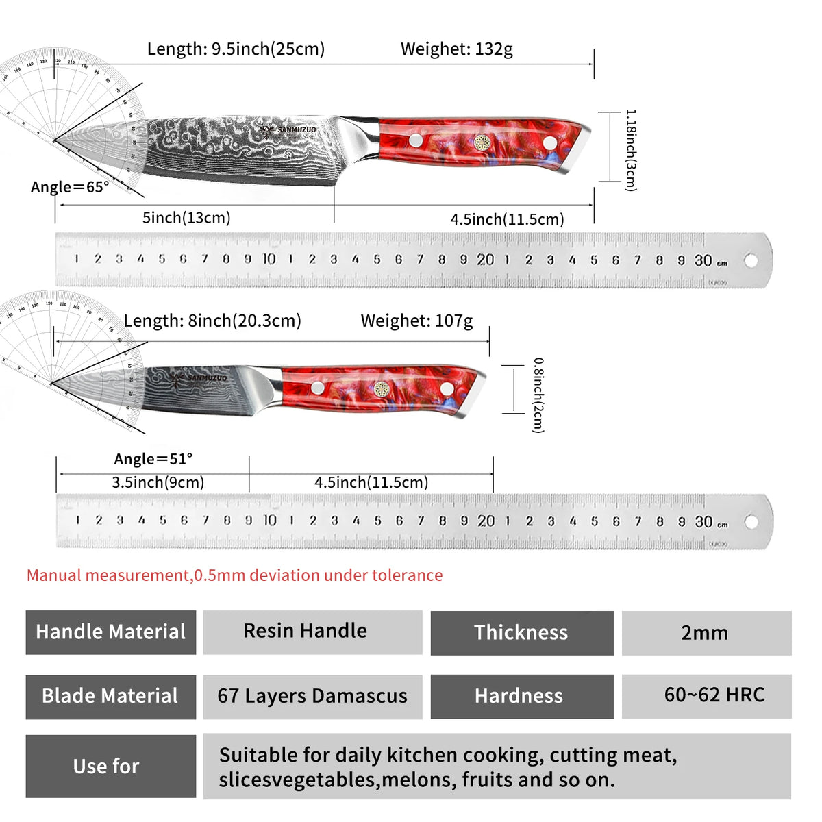 5PCS Kitchen Knife Set - Sharp Damascus Steel Knives with Resin Handle, Chef/Santoku/Bread/Paring/Utility Knife for Home Kitchen