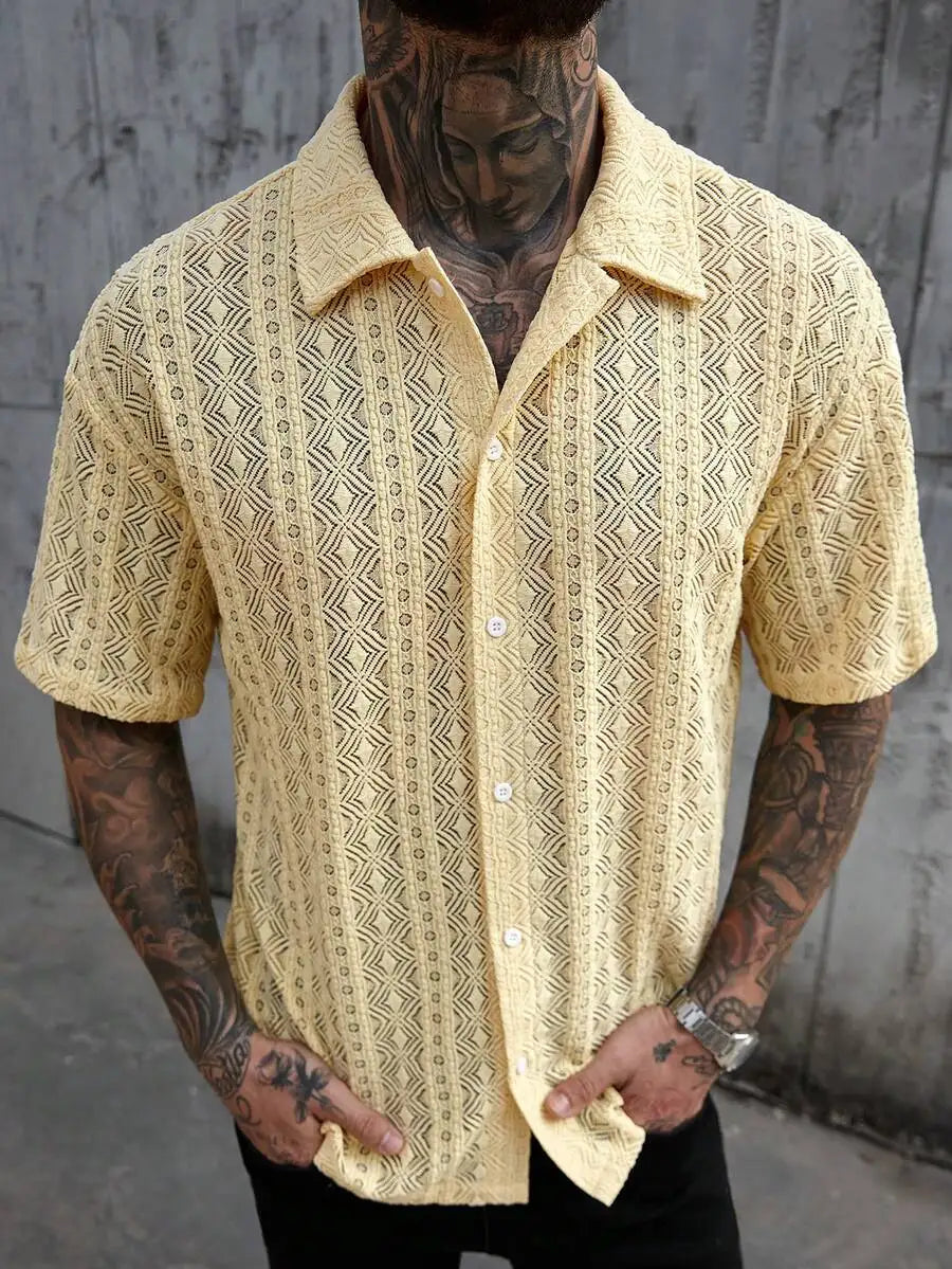 Men's Yellow Eyelet Lacework Short Sleeve Button-Down Casual Shirt