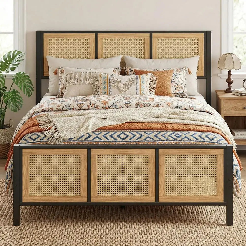 Queen Bed Frame with Headboard, Wood Camas Queen with Strong Metal Slats Support, No Box Spring Needed for Bedroom and Guest Roo
