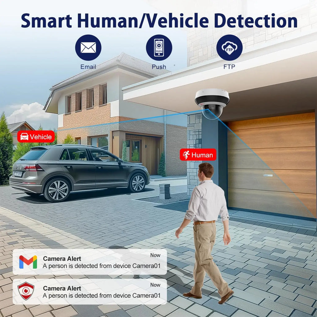 4MP PoE PTZ Security Camera with 4X Optical Zoom, AI Human/Vehicle Detection, Night Vision, Two-Way Audio