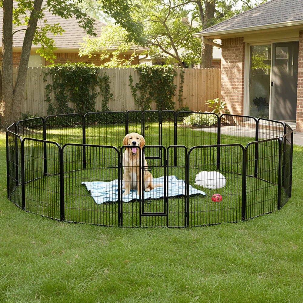 DOPINMIN 16 Panel Dog Fence Foldable Heavy Duty Metal Pet Playpen, Lockable Double Door, In/Outdoor Exercise Space for Animals