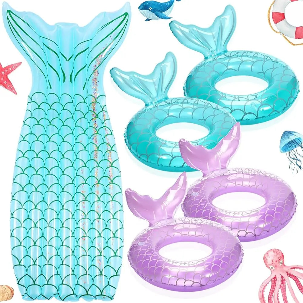 5 Pack Pool Floats Include 4 Pcs Mermaid Inflatable Pool Float Tube 1 Pcs Floatie Raft Mermaid Tail Swim Ring for Beach Water