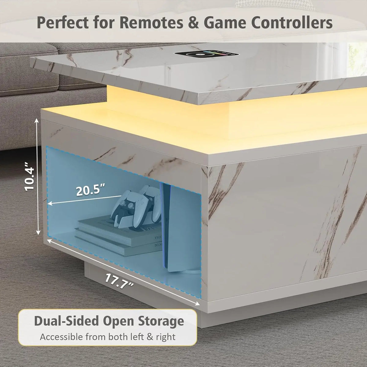 LED Coffee Table with Wireless Charging & Bluetooth Speaker, White Marble Smart Center Table with Storage
