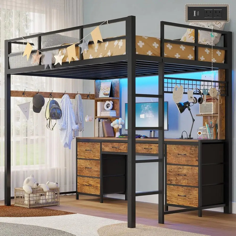 Twin Metal Loft Bed with Desk, 8 Drawer Storage, Charging Station, LED Lights, 4 Open Shelves, Noise-Free, Space-Efficient, No B