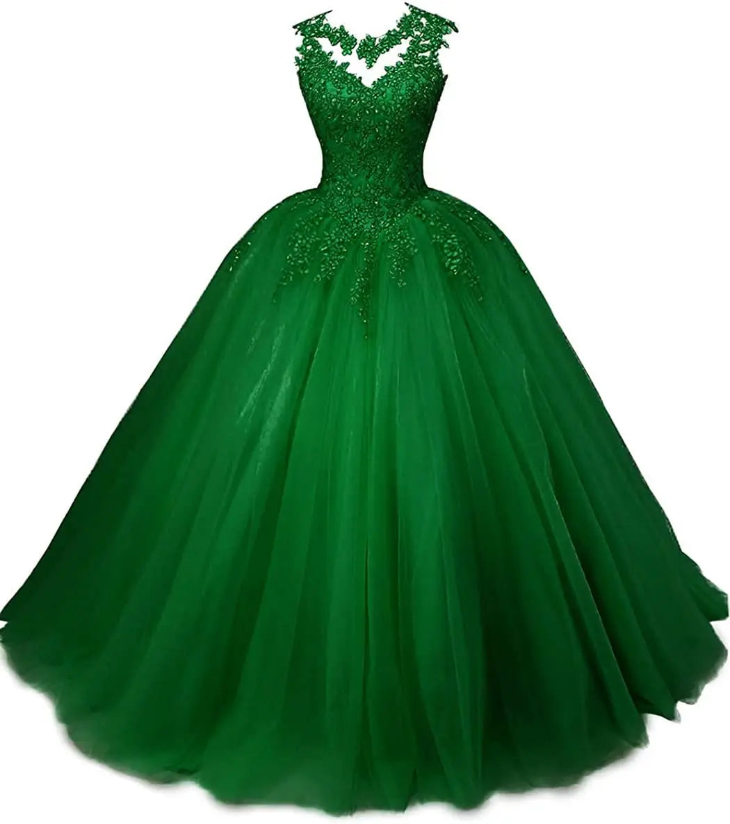 Women's Beaded Appliques Prom Dress Long Ball Gown Quinceanera Dresses Tulle Formal Sweet 16 Dress for Teens