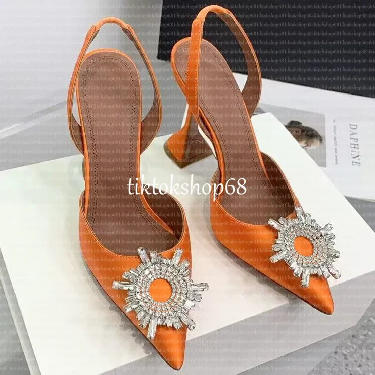 Amina muadii heels designer sandals womens wedding dress shoes satin pointed slingbacks bowtie pumps crystal sunflower flower hi