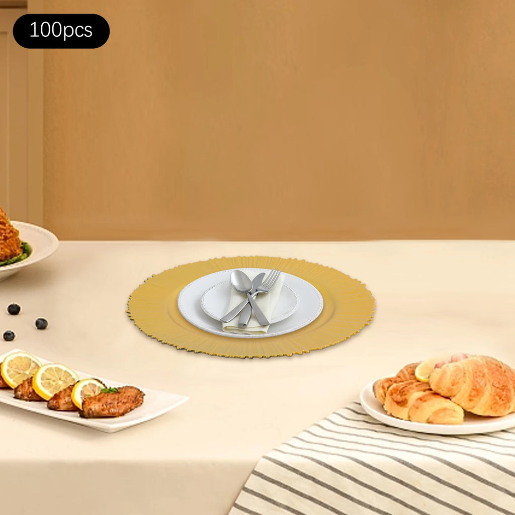100Pcs PP Charger Plates Set,Gold Round Charger Plates Diameter 33cm for Wedding Party Baby Shower