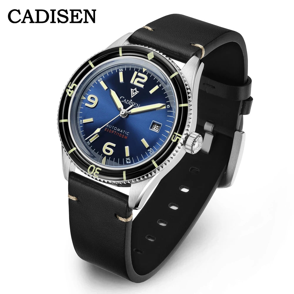 CADISEN NEW Watches Mechanical Automatic Wristwatches MIYOTA 8215 Movement Genuine Leather Waterproof Luminous Red Watch of Men