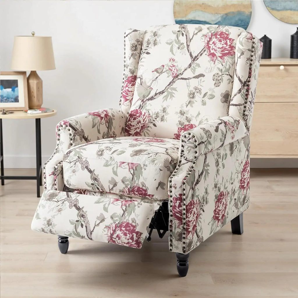 Pushback Floral Recliner Chair, Fabric Upholstered Armchair Push Back Accent Chair For Living Room, Rivet Trim Club, Customized