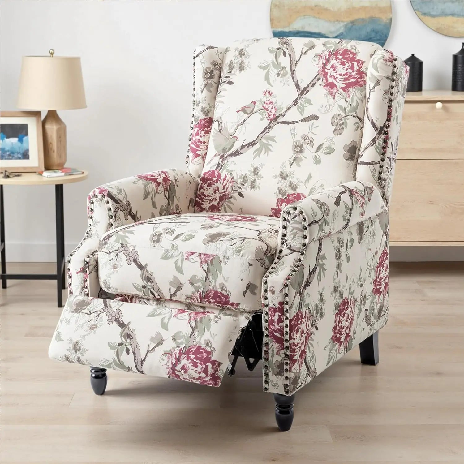 Pushback Floral Recliner Chair, Fabric Upholstered Armchair Push Back Accent Chair For Living Room, Rivet Trim Club, Customized