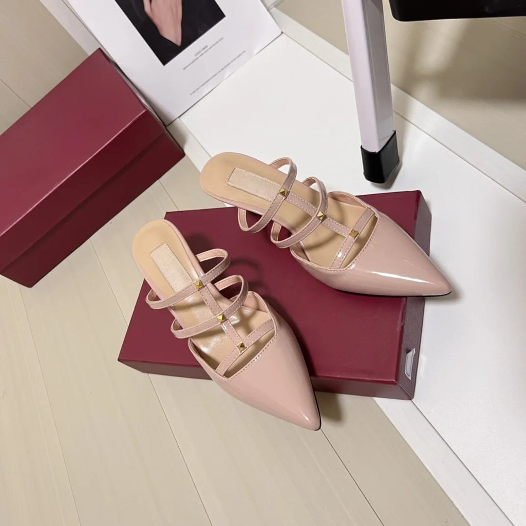 Women's shoes with rivets, high-heeled shoes, thin and tailored shoes, summer sexy pointed toe T-shirt with back empty slippers