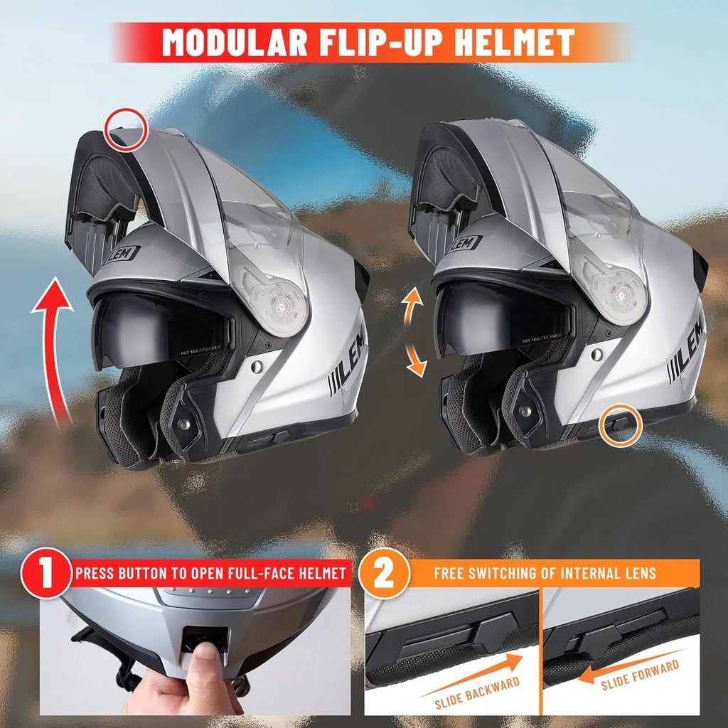 Modular Motorcycle Helmets Fiberglass Full Face Motorcycle Helmet Flip Up for Touring DOT Certified Release Sun Visor Removable