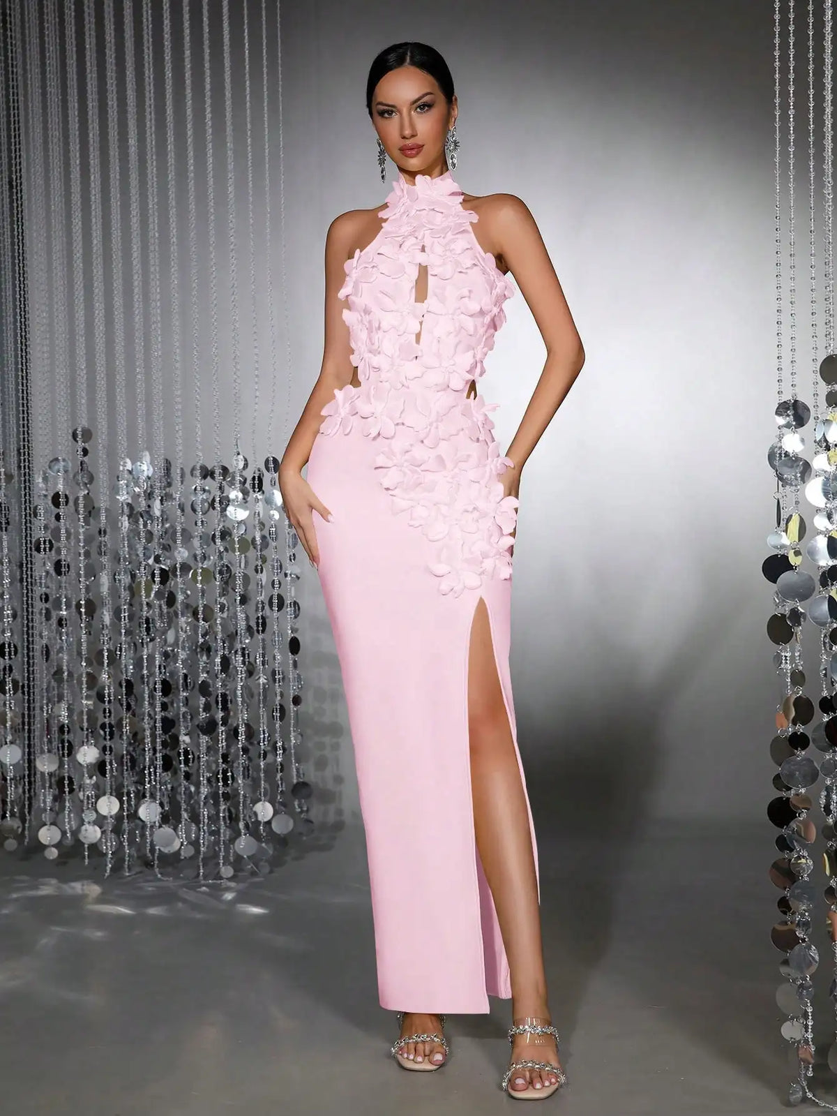 Elegant 3D Floral Halter Sleeveless High Slit Bandage Maxi Dress For Evening Party Wedding