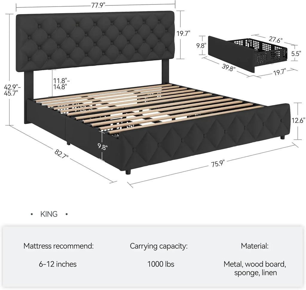King Size Bed Frame with Storage Drawers, Adjustable Headboard, Linen Upholstered Platform Bed, No Box Spring Needed