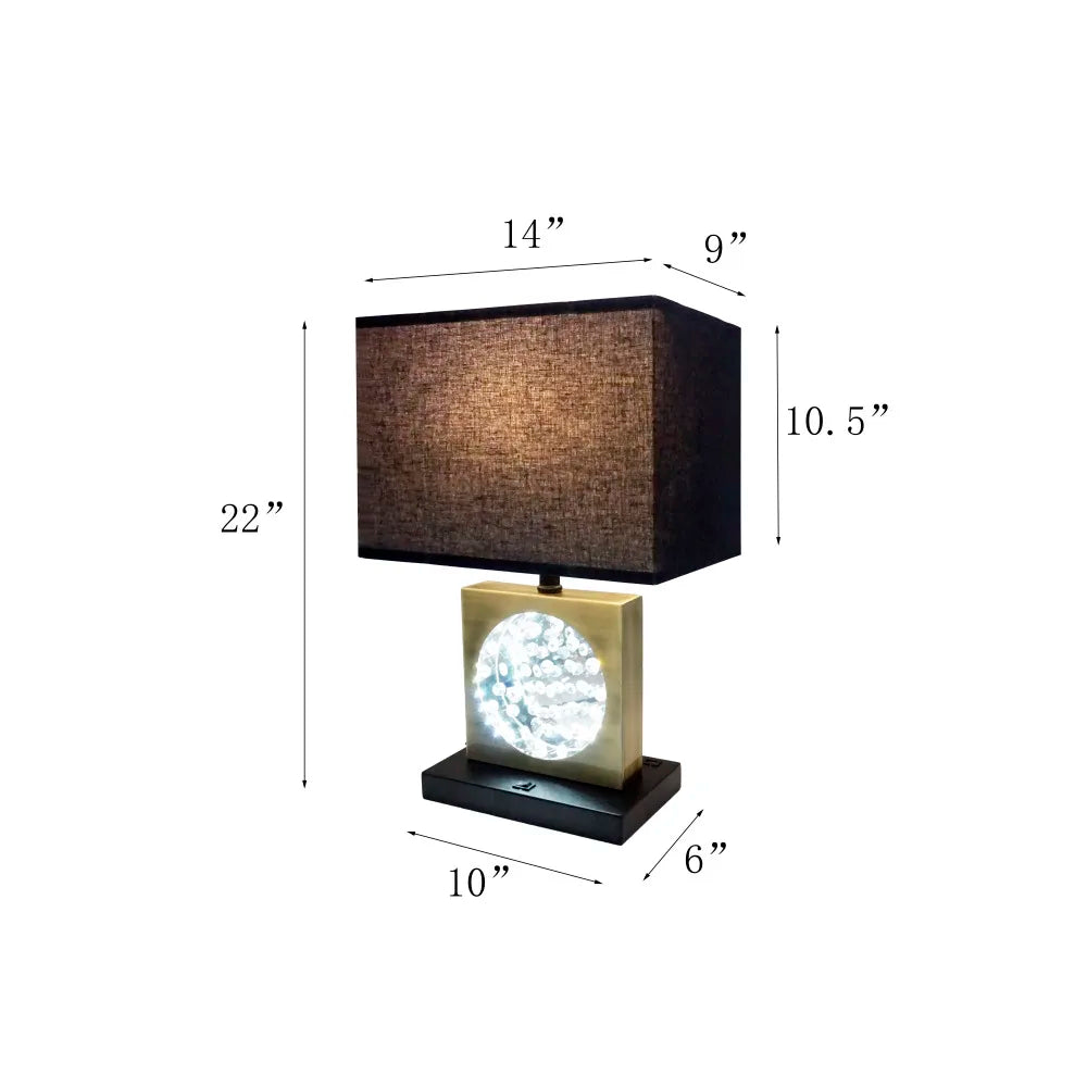 22"H GOLD SQUARE W/ BLACK SHADE CRYSTAL CENTERPIECE WITH NIGHT LIGHT, USB Port + Power  Outlet