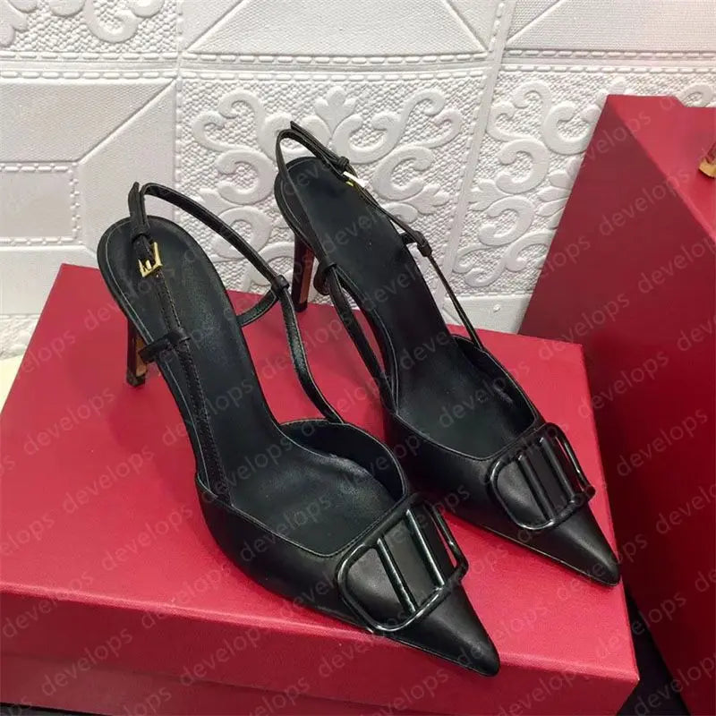 High heels designer sandals classics metal buckle pointed toe thin heel summer valentinolies luxurys brand genuine leather woman