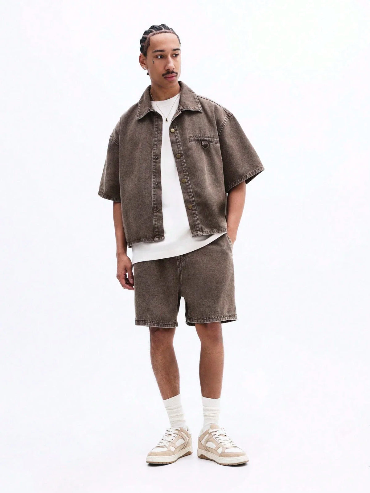 Oversized Denim Shorts Set Short Sleeve Button Up Vintage Washed Brown Taupe Relaxed Fit Summer Casual