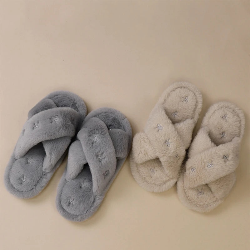 Bowknot Embroidery Plush Slippers Women Fashion Cross Strap Indoor Cotton Slides Woman Flat Heel Home Furry Slippers Mujer