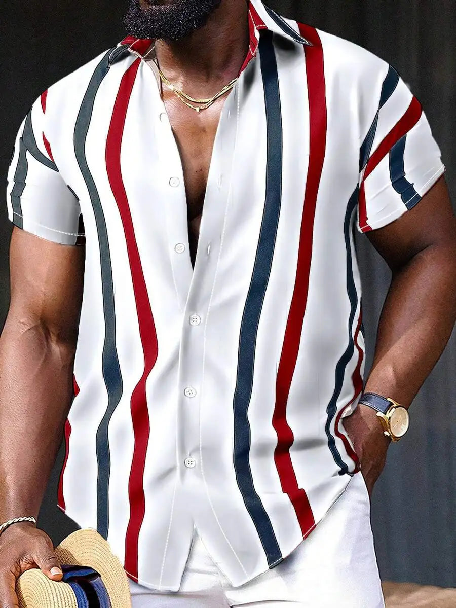 Men's Short Sleeve Button-Up Shirt with Vertical Stripe Print, Casual Vacation Style