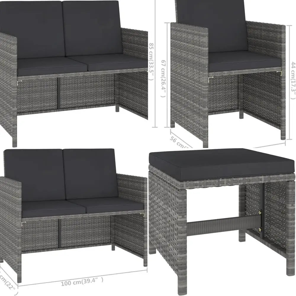6-Piece Outdoor Dining Set with Mixed Grey Chairs Stool Bench and Table, Waterproof Cushions and Steel Frame for Balcony Sunroom