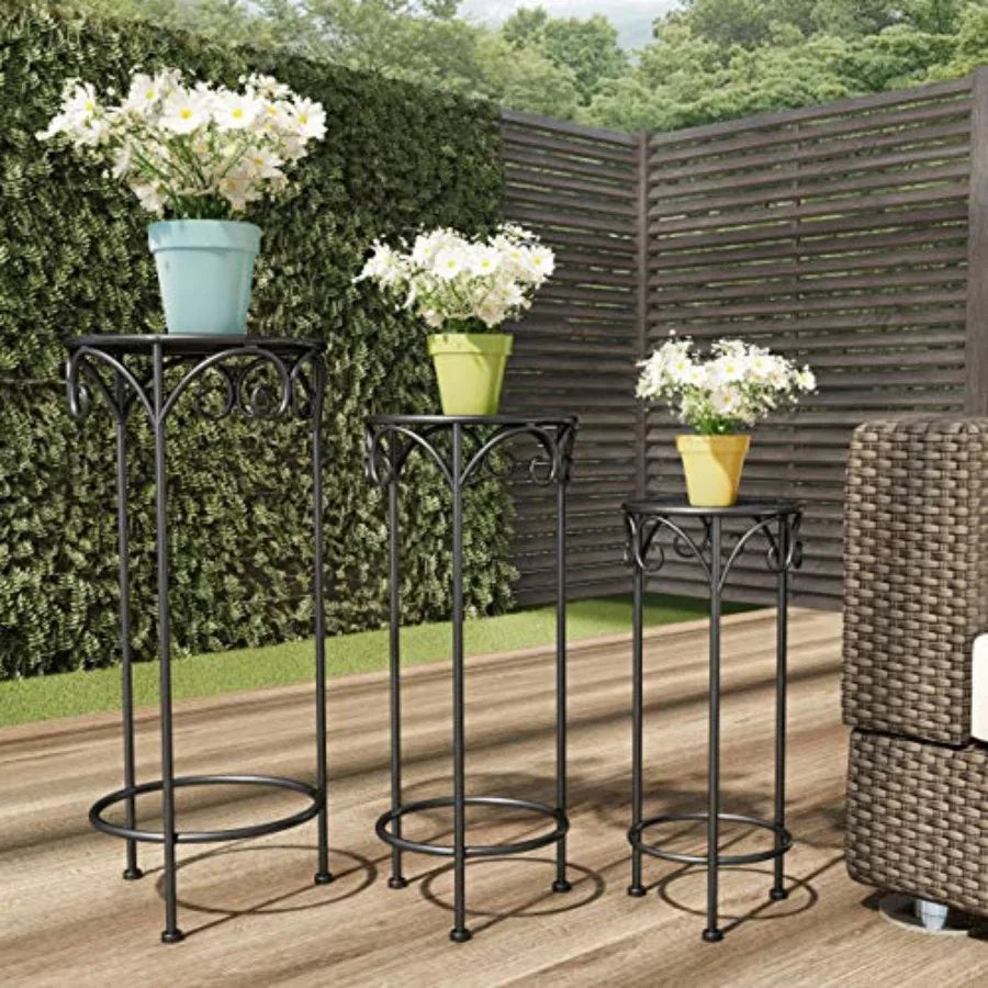 Plant Stand 3-Tier Vertical Shelf Indoor or Outdoor Folding Wrought Iron Home Garden Display with Laser Cut Shelves Antique Whi