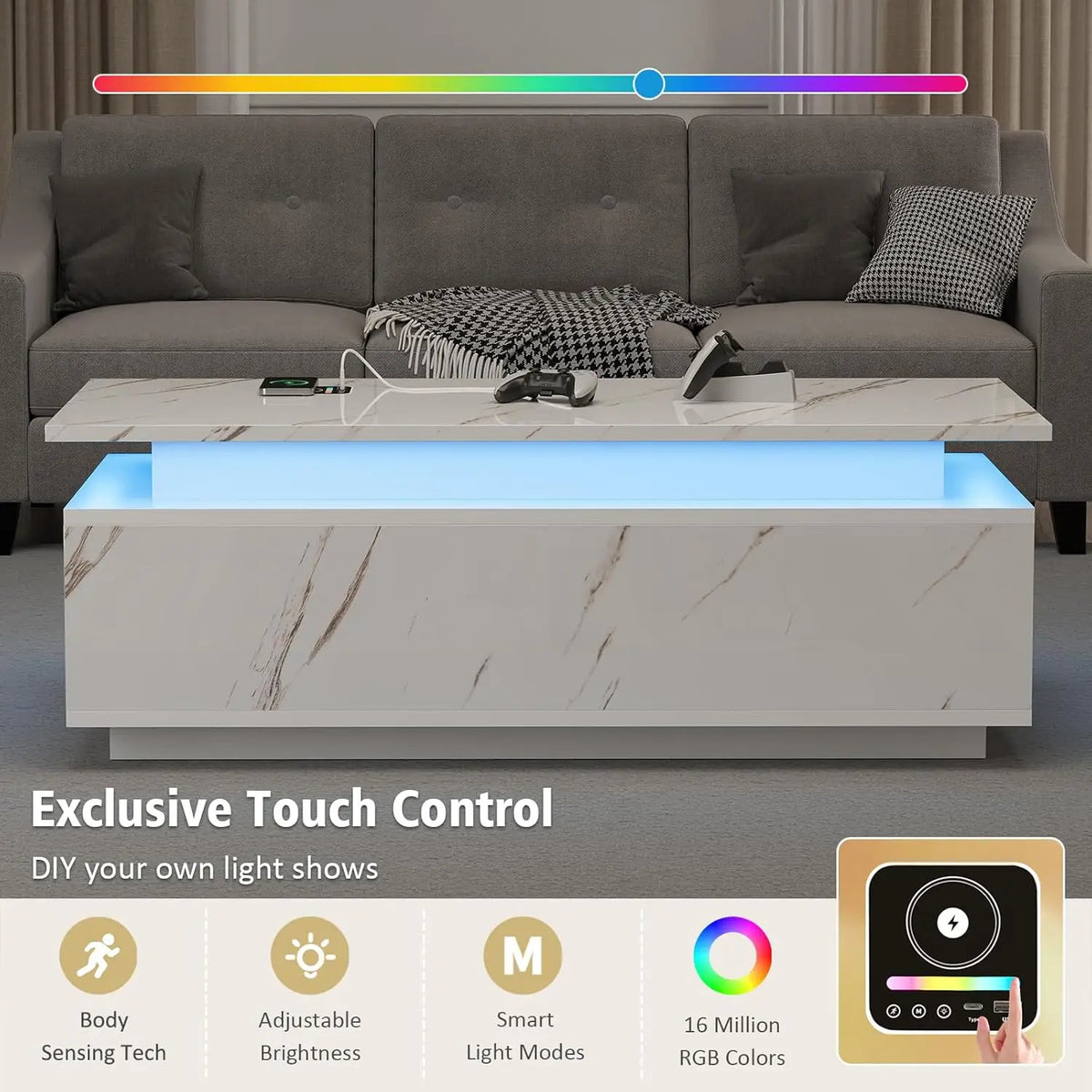 LED Coffee Table with Wireless Charging & Bluetooth Speaker, White Marble Smart Center Table with Storage
