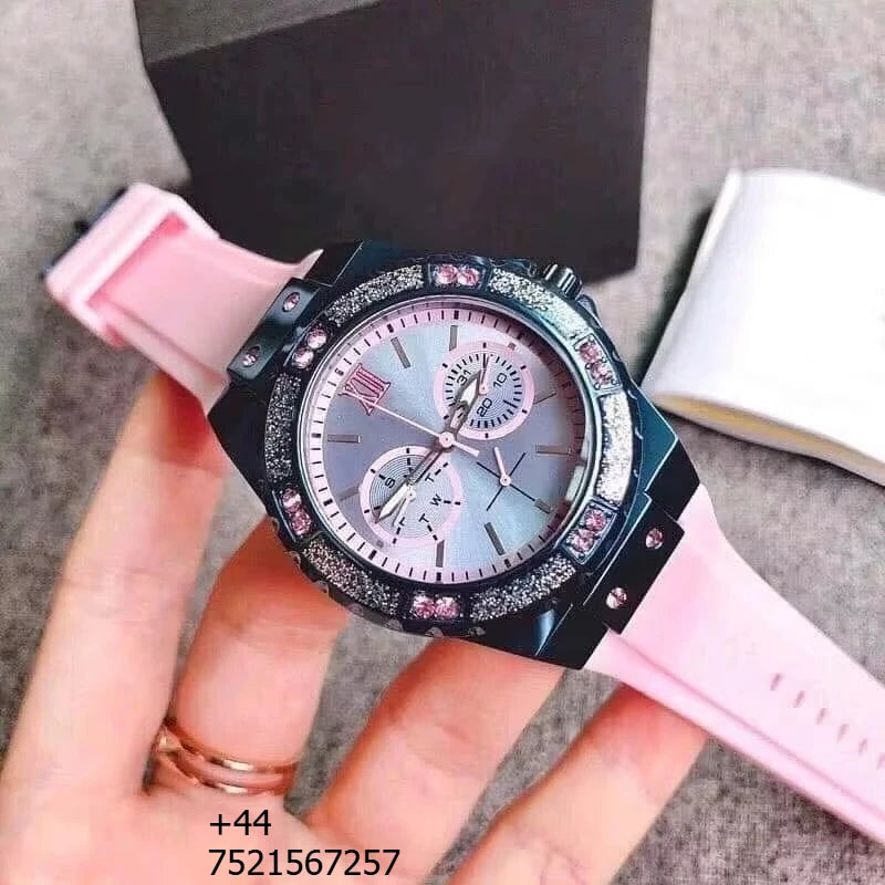 Luxury Quartz Watch Set Stainless Steel Case Silicone Strap Chronograph Diamond Dial Waterproof Couple Wristwatch Women