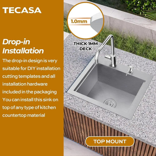 21 x 18 Drop-In Stainless Steel Single Bowl Kitchen Sink with Dust Lid, Cutting Board, and Faucet for Bar, RV, and Outdoor Use