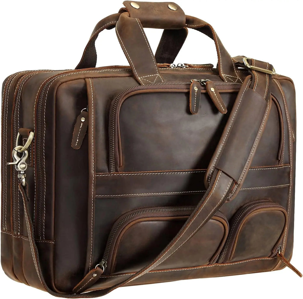 17'' Large Leather Laptop Briefcase for Men, Durable Business Messenger Bag with Full Grain Cowhide
