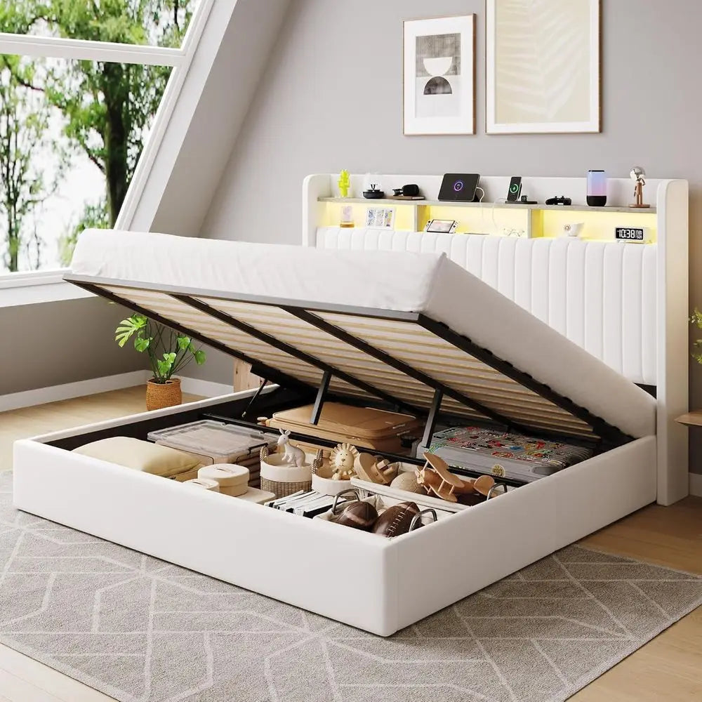 King Size Lit Up Storage Bed e/LED Lights/Charging Station/2-Tier Shelves board/USB,Type-C Ports/Velvet Upholstered/Hydraulic Su