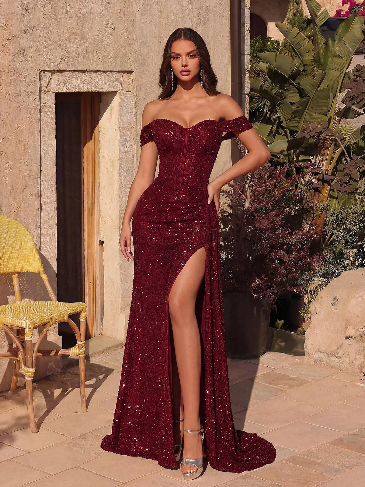Red Glitter Off-Shoulder Corset Dress With High Front Slit, Draped Skirt, And Train For Evening Formal Events