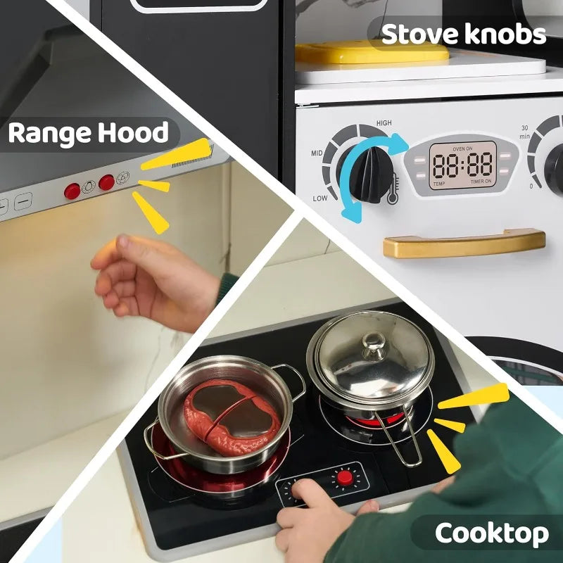 Joyfy Toddlers Wooden Corner Kitchen Pretend Playset with Fake Food Toys Real Lights Sounds Play Kitchen Set for Kids