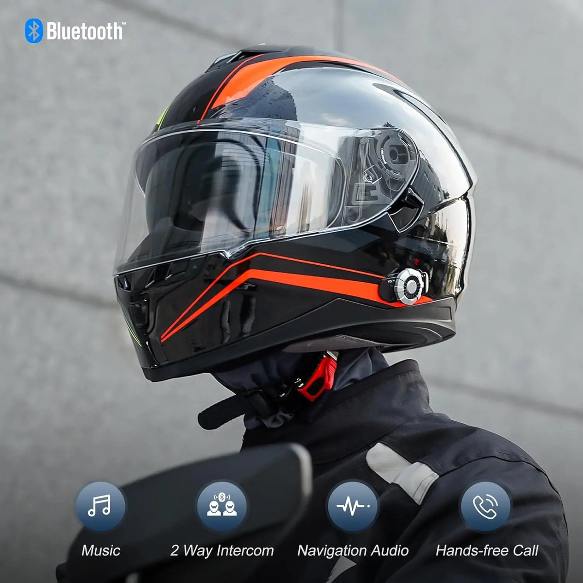 Full Face Motorcycle Helmet Bluetooth 5.0 Integrated 2 Way Intercom DOT FMVSS-218 Rated Motorbike Helmet Communication with Dual