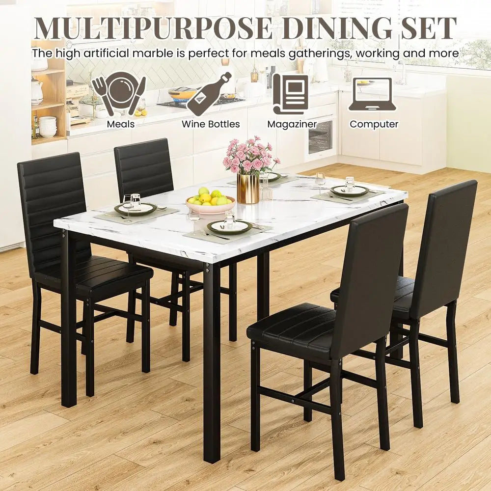 Dining Table Set for 4, Marble Kitchen Table and Chairs for 4, Comfortable PU Leather Chairs,Dining RoomTable Set for Small Spac